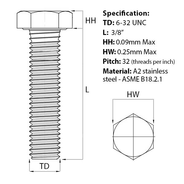 6-32 UNC x 3/8″ Hex Set Screw (Fully Threaded Bolt) A2 Stainless Steel