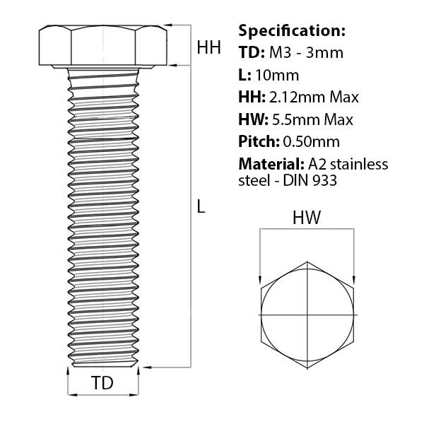 Screw guide for M3 x 10mm Hex Set Screw (Fully Threaded Bolt) A2 Stainless Steel DIN 933 