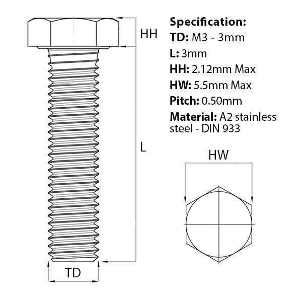 Screw guide for M3 x 3mm Hex Set Screw (Fully Threaded Bolt) A2 Stainless Steel DIN 933 