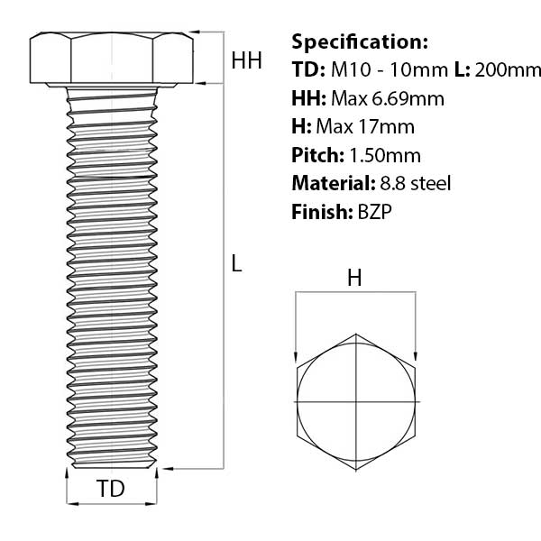 Screw guide for M10 x 200mm Hex Set Screw (Fully Threaded Bolt) 8.8 high tensile steel, BZP, DIN 933