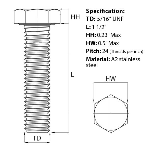 Size guide for 5/16 UNF x 1 1/2″ Hex Set Screw (Fully Threaded Bolt) A2 Stainless Steel