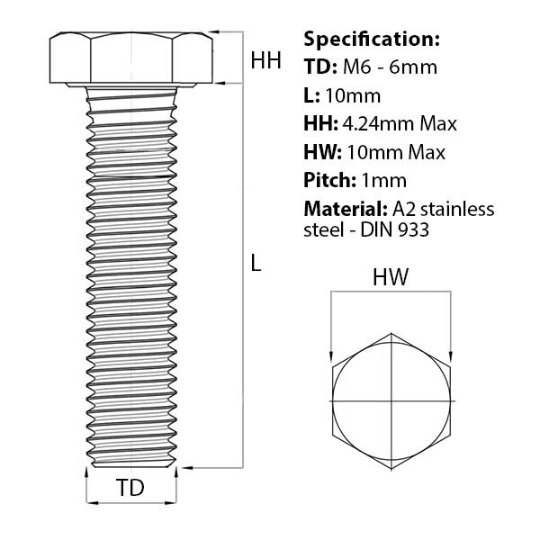 Screw guide for M6 x 10mm Hex Set Screw (Fully Threaded Bolt) A2 Stainless Steel DIN 933 