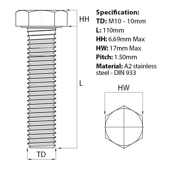 Screw guide for M10 x 110mm Hex Set Screw (Fully Threaded Bolt) A2 Stainless Steel DIN 933 