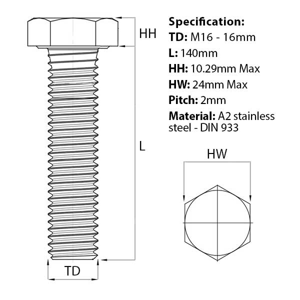 Screw guide for M16 x 140mm Hex Set Screw (Fully Threaded Bolt) A2 Stainless Steel DIN 933 