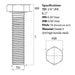 Size guide for 3/8″ UNC x 2″ Hex Set Screw (Fully Threaded Bolt) BZP, ANSI B18.2.1 