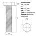 Size guide for 3/4″ UNF x 1″ Hex Set Screw (Fully Threaded Bolt) Bright Zinc Plated 