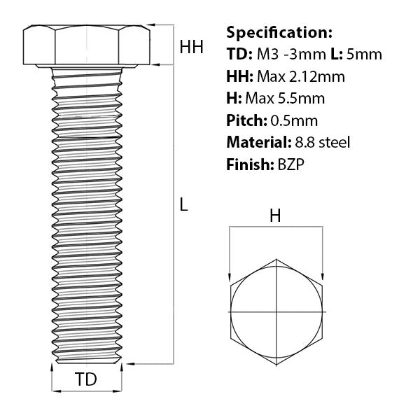 M3 set screw size gide for the M3 x 5mm Hex Set Screw, BZP, 8.8 high tensile steel, DIN 933