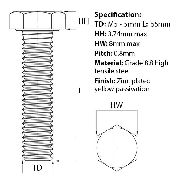 Size guide for the M5 x 55mm Hex Set Screw (Fully Threaded Bolt) 8.8 high tensile steel, BZP, DIN 933