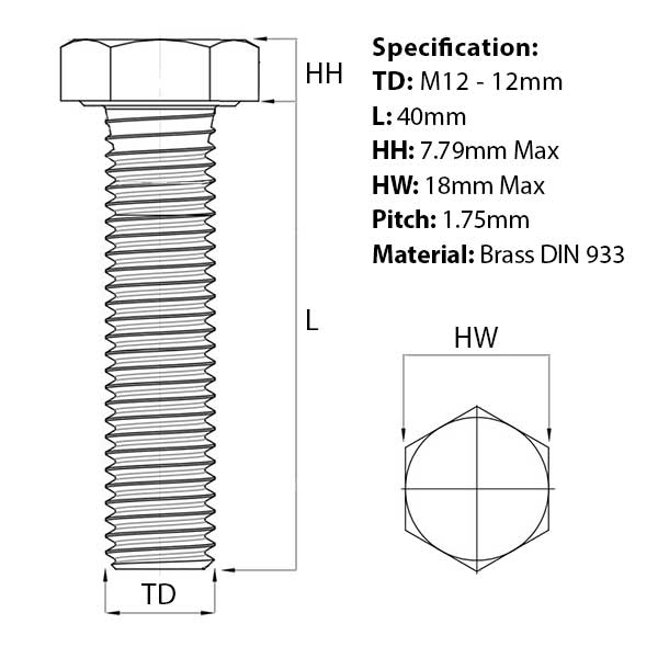 Size guide for the M12 x 40mm Brass Hex Set Screw (Fully Threaded Bolt) DIN 933