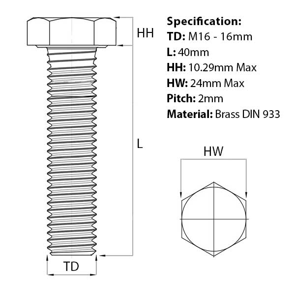 Size guide for the M16 x 40mm Brass Hex Set Screw (Fully Threaded Bolt) DIN 933