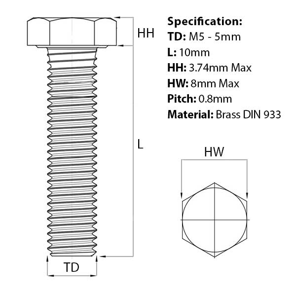 M5 x 10mm Brass Hex Set Screw (Fully Threaded Bolt) DIN 933