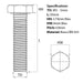 Size guide for the M5 x 50mm Brass Hex Set Screw (Fully Threaded Bolt) DIN 933