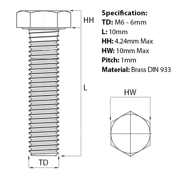 Size guide for the M6 x 10mm Brass Hex Set Screw (Fully Threaded Bolt) DIN 933