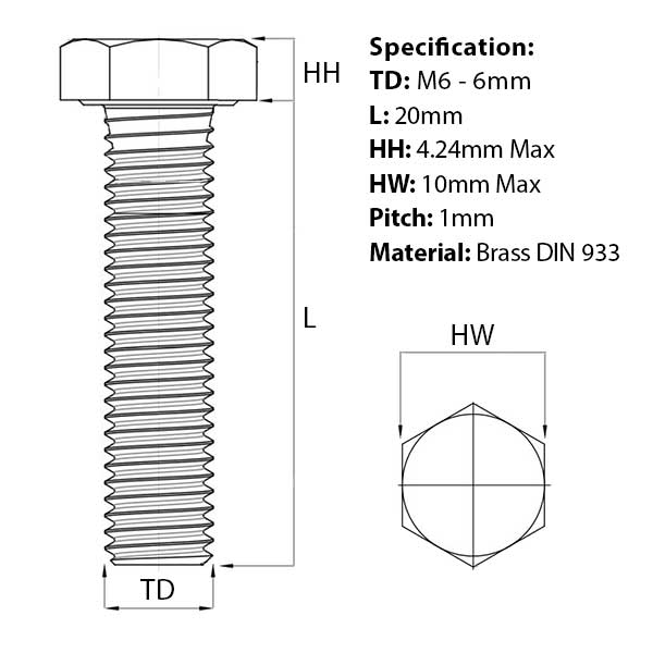 M6 x 20mm Brass Hex Set Screw (Fully Threaded Bolt) DIN 933