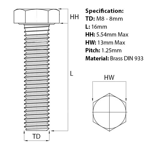 Size guide for the M8 x 16mm Brass Hex Set Screw (Fully Threaded Bolt) DIN 933