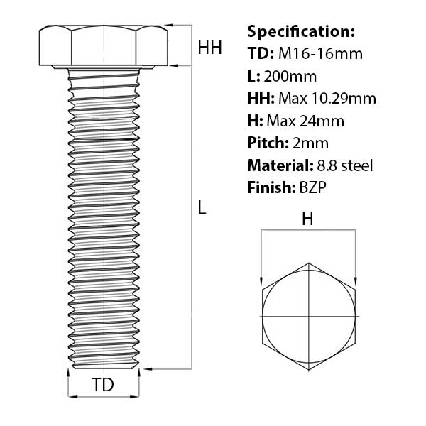 Size diagram for the M16 x 200mm Hex Set Screw (Fully Threaded Bolt) 8.8 high tensile steel, BZP, DIN 933