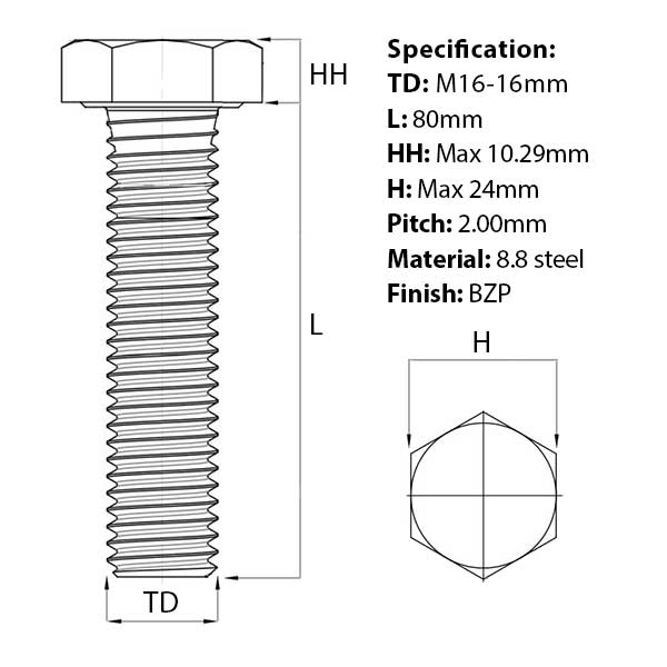 Size guide diagram for the M16 x 80mm Hex Set Screw (Fully Threaded Bolt). Part of an extensive rage of set screws from Fusion Fixings