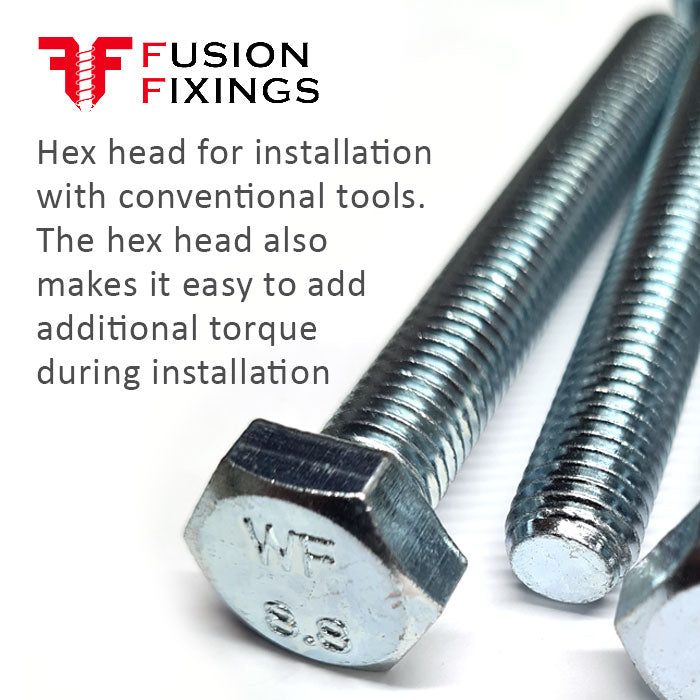 M10 set screw showing key points about the hex head that allows installation with conventional tools and the easy application of additional torque during fixing