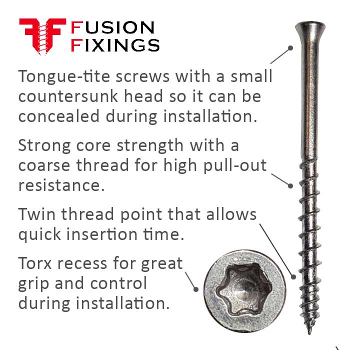 Information panel illustrating the benefits of the 3.5 x 60mm Tongue Tite Screws, Torx, Stainless Steel, Box of 200 (TFTTS03560)