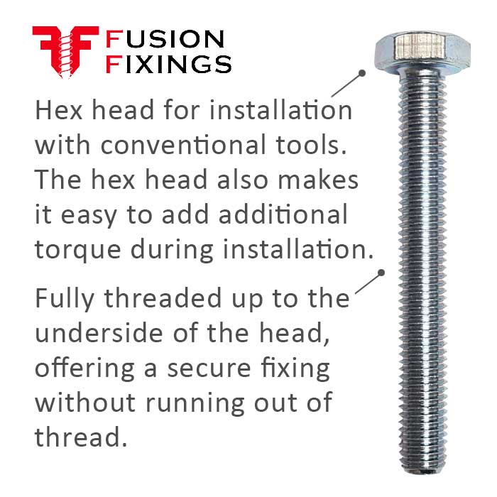 M10 x 85mm Hex Set Screw (Fully Threaded Bolt) 8.8 high tensile steel, BZP, DIN 933 info panel 