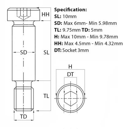 M5 (6mm) x 10mm, Socket Shoulder Screws, Self-Colour, Grade 12.9,  ISO 7379. Part of a larger range of shoulder screws from Fusion Fixings