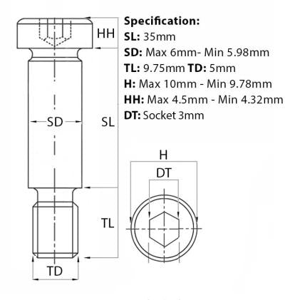 Size diagram for the  M5 (6mm) x 35mm Socket Cap Shoulder Screw. Part of a growing range of shoulder screws from Fusion Fixings