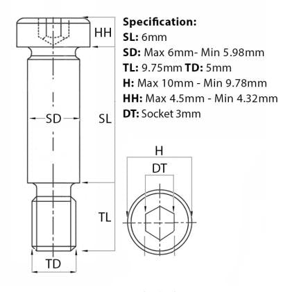 Size diagram for the M5 (6mm) x 6mm, Socket Shoulder Screws. Part of a growing range from Fusion Fixings