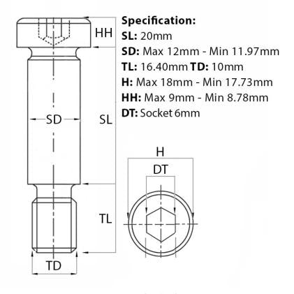 Size guide for the M10 (12mm) x 20mm, Socket Shoulder Screws, Self-Colour, Grade 12.9 from Fusion Fixings.