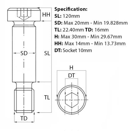 M16 (20mm) x 120mm, Socket Shoulder Screw size guide. Part of a growing range of shoulder screws from Fusion Fixings