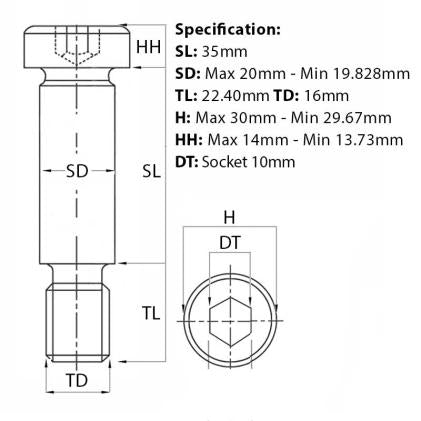 M16 (20mm) x 35mm, Socket Shoulder Screw, Self-Colour, Grade 12.9, ISO 7379