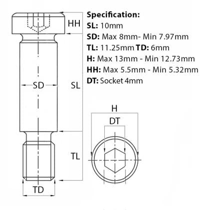 Size diagram for the M6 (8mm) x 10mm, Socket Shoulder Screws, Self-Colour, Grade 12.9, ISO 7379