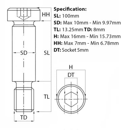 M8 (10mm) x 100mm, Socket Shoulder Screws, Self-Colour, Grade 12.9, ISO 7379