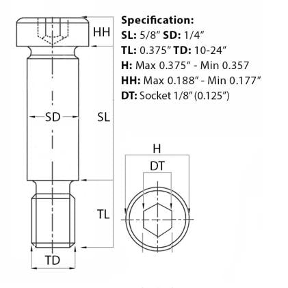 Size guide for the 10-24 UNC (1/4”) x 5/8”, Socket Shoulder Screw, Self-Colour, Grade 12.9, ANSI B18.3