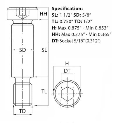 Size guide for the 1/2” UNC (5/8”) x 1 1/2”, Socket Shoulder Screw. Part of a larger range of socket shoulder screws from Fusion Fixings