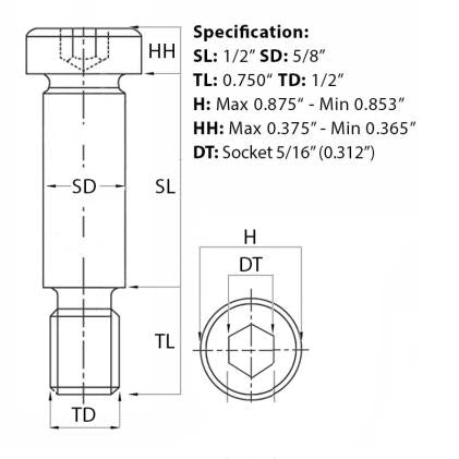 Size guide for the 1/2” UNC (5/8”) x 1/2”, Socket Shoulder Screw.