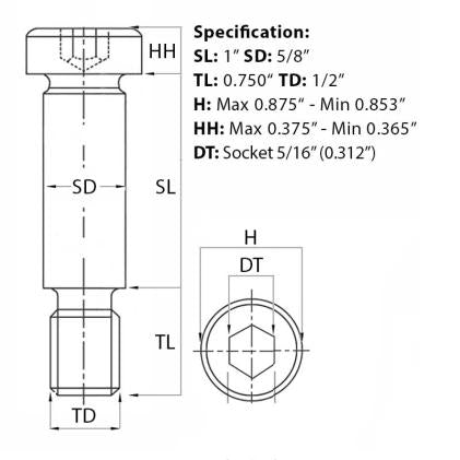 Size guide for the 1/2” UNC (5/8”) x 1”, Socket Shoulder Screw from Fusion Fixings.