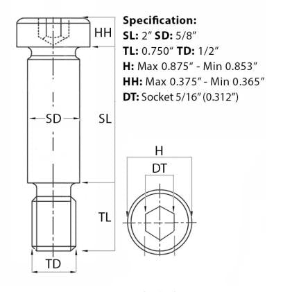 Size guide for the 1/2” UNC (5/8”) x 2”, Socket Shoulder Screw. Part of a larger range of socket shoulder screws from Fusion Fixings