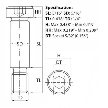 Size guide for the 1/4” UNC (5/16”) x 5/16”, Socket Shoulder Screw, Self-Colour, Grade 12.9, ANSI B18.3. Part of the growing range of shoulder screws from Fusion Fixings