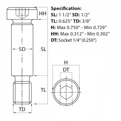 Size guide for the 3/8” UNC (1/2”) x 1 1/2”, Socket Shoulder Screw, Self-Colour, Grade 12.9, ANSI B18.3. 