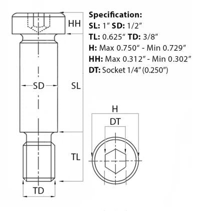 Size guide for the 3/8” UNC (1/2”) x 1”, Socket Shoulder Screw, Self-Colour, Grade 12.9. Part of a growing range from Fusion Fixings