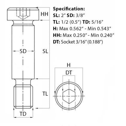 5/16” UNC (3/8”) x 2”, Socket Shoulder Screw, Self-Colour, Grade 12.9, ANSI B18.3. Size guide from Fusion Fixings