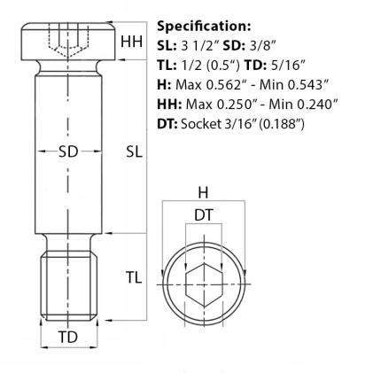 Size guide for the 5/16” UNC (3/8”) x 3 1/2”, Socket Shoulder Screw, part of a growing range of shouldered screws from Fusion Fixings