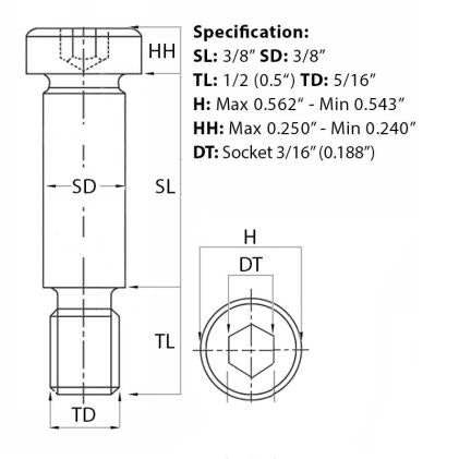 5/16” UNC (3/8”) x 3/8”, Socket Shoulder Screw, Self-Colour, Grade 12.9, ANSI B18.3, size guide from Fusion Fixings