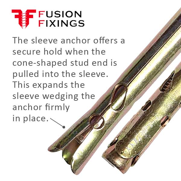 Information diagram for the 8mm (M6) x 40mm Flanged Hex Nut Sleeve Anchor, Zinc and Yellow. Part of a larger range of sleeve anchors from Fusion Fixings