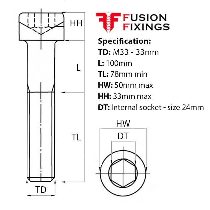 Size guide for the M33 x 100mm Socket Cap Head Screw, Self Colour, DIN 912