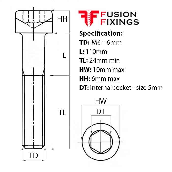 Size guide for the M6 x 110mm Socket Cap Head Screw, Self Colour, DIN 912