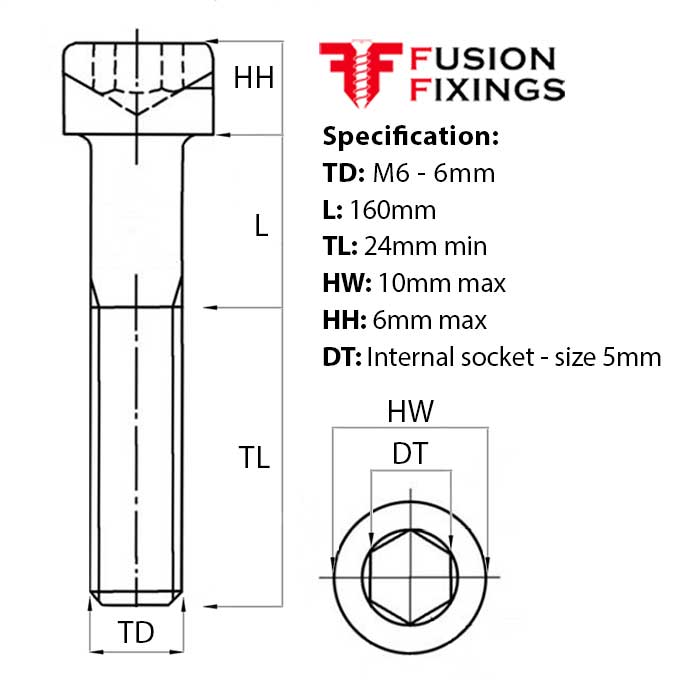 Size guide for the M6 x 160mm Socket Cap Head Screw, Self Colour, DIN 912. Part of a larger range of socket cap head screws from Fusion Fixings.
