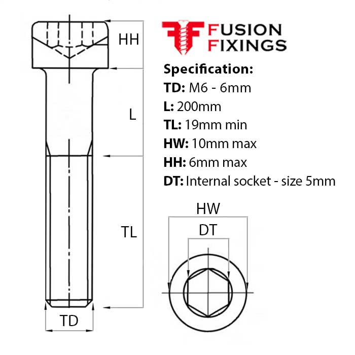 Size guide for the M6 x 200mm Socket Cap Head Screw, Self Colour, DIN 912