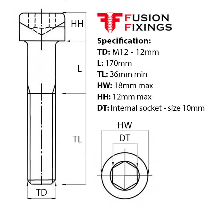 Size guide for the M12 x 170mm Socket Cap Head Screw, Self Colour, DIN 912. Part of a larger range of socket cap head screws.