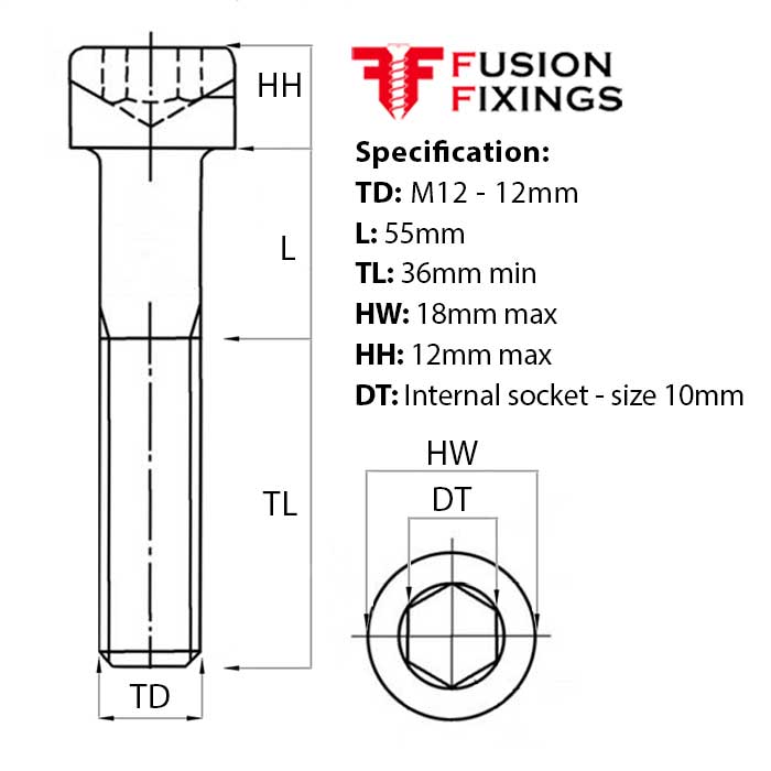 Size guide for the M12 x 55mm Socket Cap Head Screw, A2 Stainless Steel DIN 912. Part of a growing range of socket cap head screws available rom Fusion Fixings.